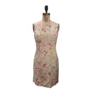 Ann Taylor Floral Linen Sleeveless Sheath Dress Tan 2 EUC